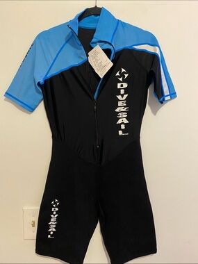 Dive & Sail Women's Short-Sleeve One-Piece Swimsuit in Blue and Black, unisex